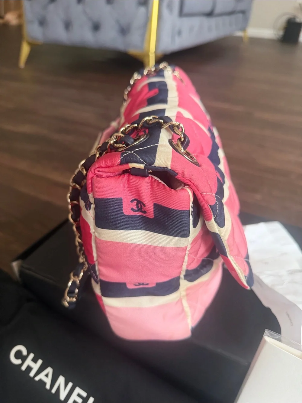 CHANEL Pink Quilted Shoulder Bag with Navy and Cream Grid